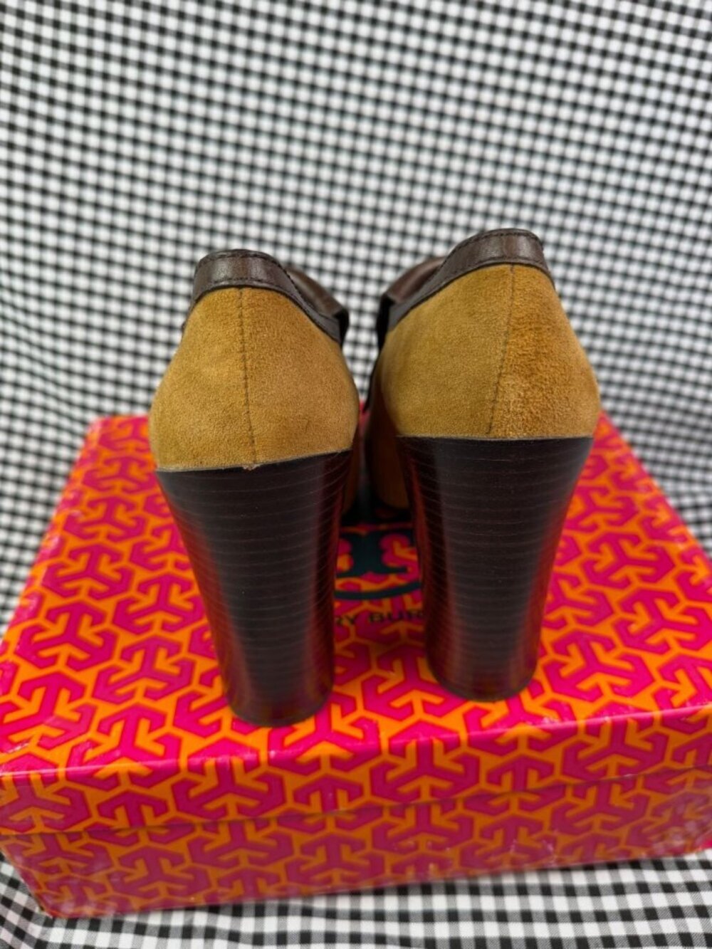 Tory Burch Arelia Kiltie Pump Heels 7.5M Viccoc Brown Suede Leather Tassel Block - Picture 4 of 9